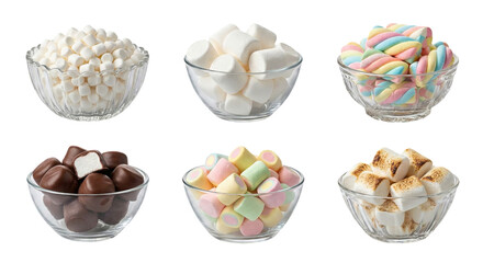 Assorted marshmallows and candies in glass bowls isolated on transparent background