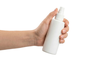 Hand holding white spray bottle isolated on transparent background