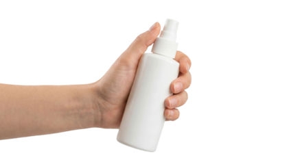 Hand holding white spray bottle isolated on transparent background