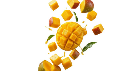 Fresh mango pieces floating isolated on transparent background