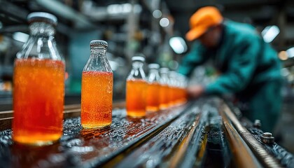 Factory worker inspecting product bottles on conveyor belt in beverage manufacturing plant