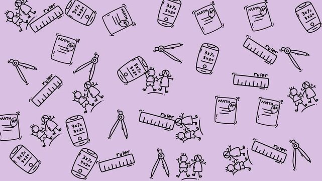 A fun and quirky seamless pattern featuring hand-drawn school elements like students, math notes, rulers, compasses and phone with math equations, perfect for backgrounds, textiles, and educational de