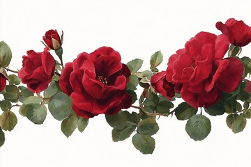 Contemporary style with rectangular garland of red roses with green rose leaves as a drawing on a white background