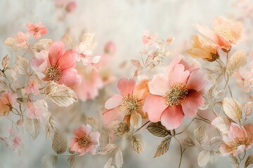 Beautiful, soft watercolor vintage floral background with delicate flowers and leaves in pastel colors