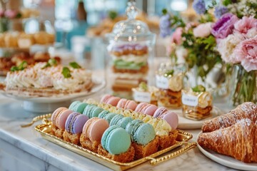 Naklejka premium Colorful Macarons and Pastries Displayed on Elegant Table with Flower Arrangement, Perfect for Celebrations, Events, and Gourmet Food Photography