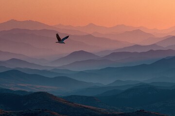 Bird flies over mountains at sunrise with soft light and clear sky