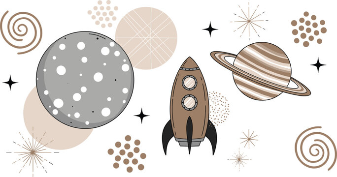 Cute space illustration set with rocket planets moon stars and abstract cosmic elements isolated flat vector