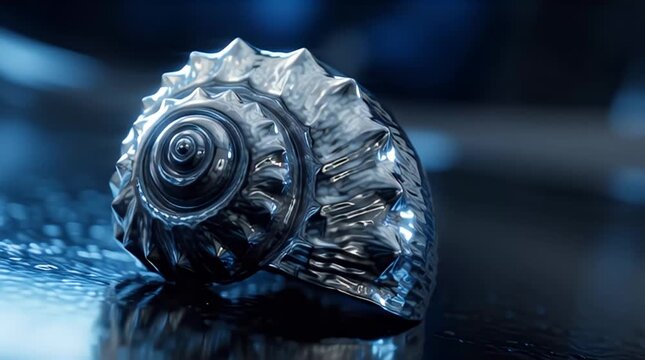 A crystal seashell forms a perfect circle on a reflective surface with a dark blue background
