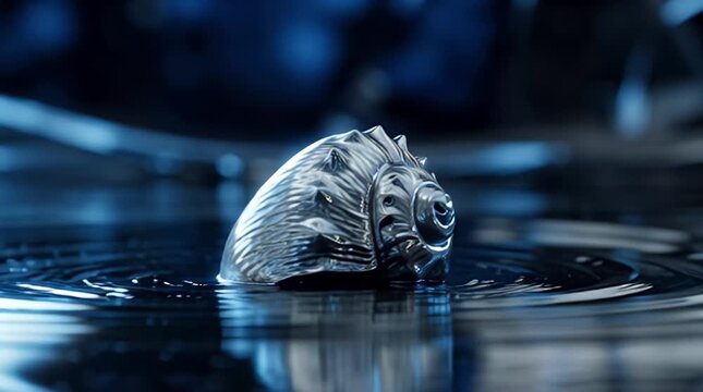 A seashell forms a perfect circle as it lies on the wet surface of a dark reflective pool.