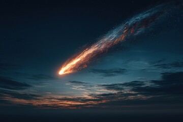 Bright comet moves through blue evening sky with clouds in background
