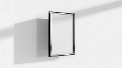 Vertical blank picture frame mockup hanging on a minimalist white wall with dramatic natural light and shadow casting