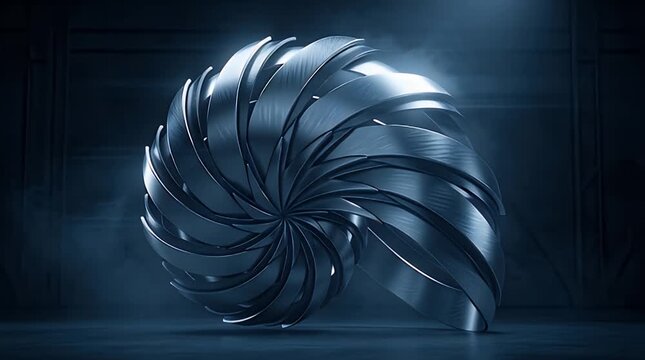 A spiral seashell sculpture arranged in a circle, viewed from a front perspective, on a dark reflective surface.