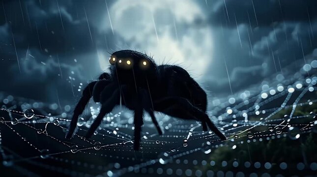 A cartoon spider stands menacingly in the center of its intricate web under a stormy night sky with glowing eyes