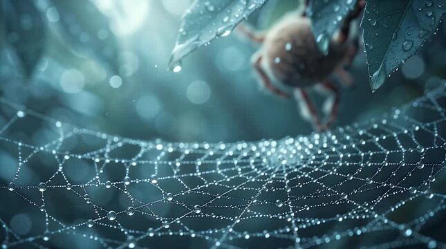 A cartoon spider delicately weaving its intricate web amidst dewy foliage under a softly blurred background