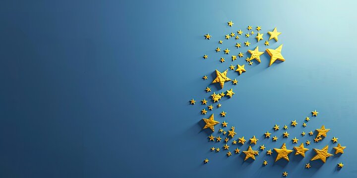 Blue background with yellow stars in the shape of an arrow pointing up, depicting growth or positive development.