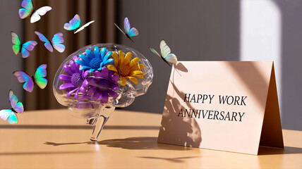 work anniversary card with mental health glass brain and butterflies on office desk