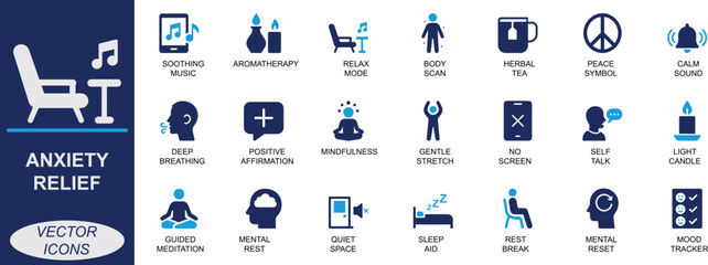 Minimal anxiety relief icon set. Featuring calm, breathing, therapy, meditation, mood, rest, and mindfulness symbols. Ideal for apps, UI, self-care, and mental wellness use.