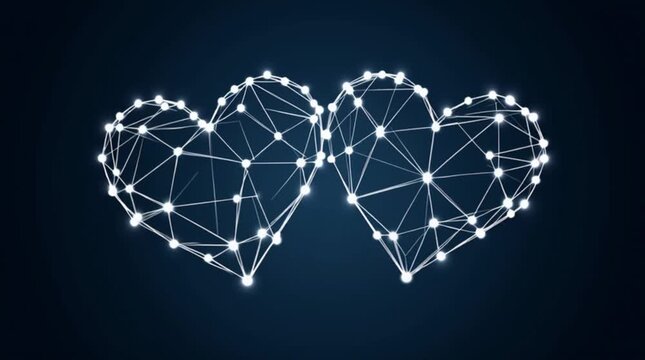 The concept of Valentine's Day. Floating two neon white hearts on a blue background. Dance of hearts.