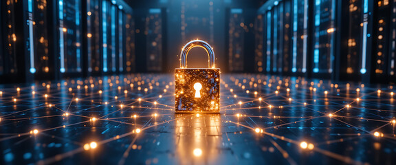 Cyber security theme networking glowing 4d glass lock in purple, red and golden colors gradient theme, binaries platform background, minimalist and clean, copy space in the left, a golden fleaks of li