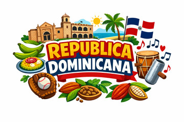 Republica Dominicana culture vector illustration with colonial architecture music cuisine beach and national symbols