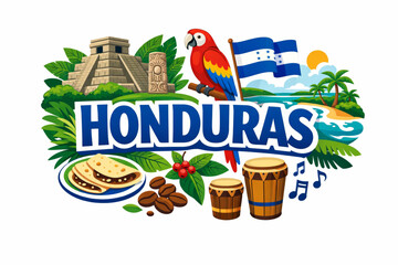 Honduras culture vector illustration with Mayan ruins rainforest coastline cuisine and national symbols