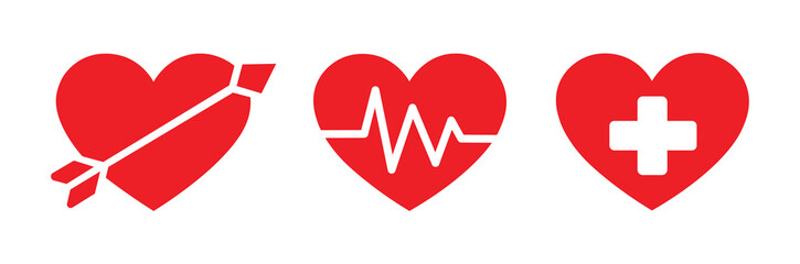 Obraz premium Red Heart Icons Set – Love Arrow, Heartbeat, Medical Healthcare Symbol Vector