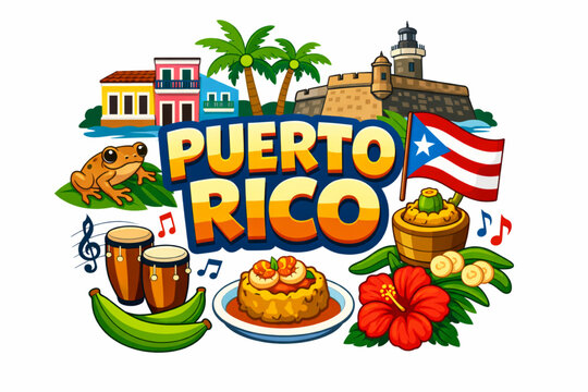 Puerto Rico culture vector illustration with colonial architecture music cuisine nature and national symbols