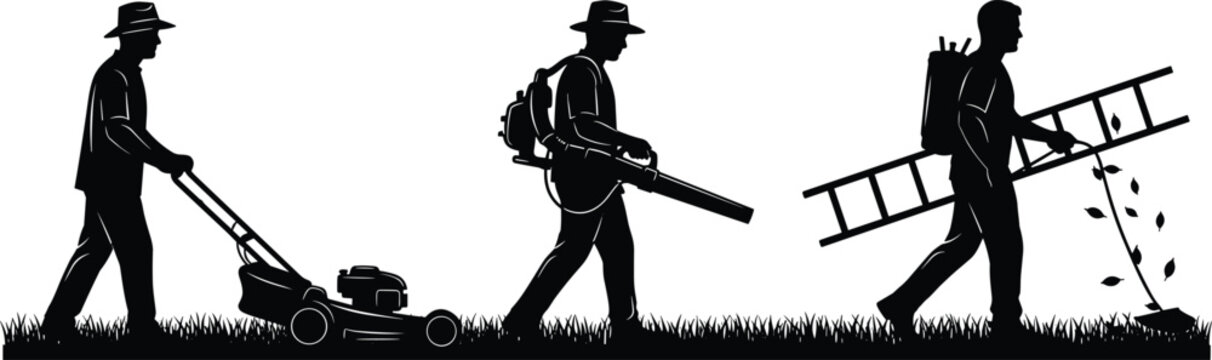 Landscaping service workers silhouette set with lawn mower leaf blower and ladder working on grass for garden maintenance and backyard care