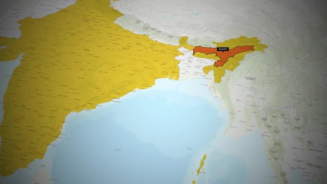 Locating Assam A Detailed Highlight of the Indian State on the National Map animation