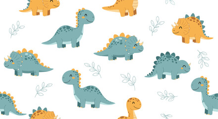 Obraz premium A playful seamless pattern featuring adorable cartoon dinosaurs in blue and yellow hues with subtle leaf accents on white.