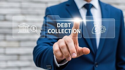 Businessman interacting with debt collection interface on virtual screen