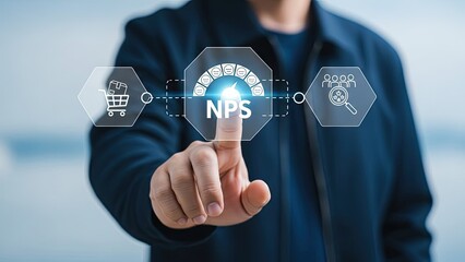 Businessman interacting with digital NPS interface for customer satisfaction