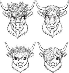Charming highland cow and calf heads in black and white with floral wreaths and shaggy hair