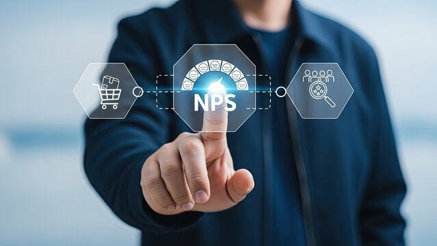 Businessman interacting with digital NPS interface for customer satisfaction