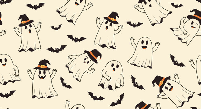 A spooky seamless Halloween pattern featuring cute cartoon ghosts wearing witch hats and flying bats on a light background.