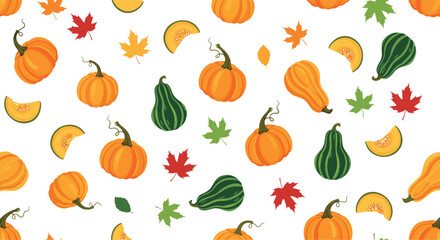 Vibrant seamless autumn pattern featuring various orange pumpkins green gourds colorful maple leaves and sliced melon on white.