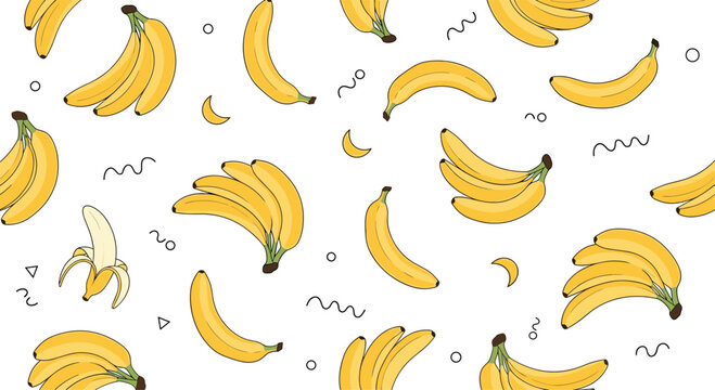 Playful and energetic seamless pattern featuring ripe yellow bananas and abstract geometric doodle shapes on a crisp white background.