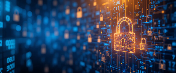 Cyber security theme networking glowing locks in blue, red and golden colors gradient theme, binaries background, minimalist and clean, copy space in the left,