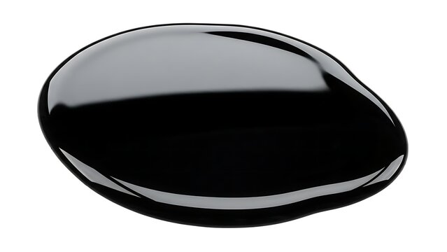 A single, glistening drop of viscous black liquid, representing elegance and concentration, isolated against a stark white background with a captivating reflection and smooth texture