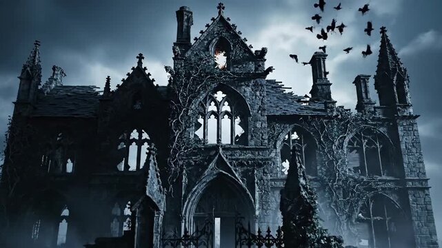 A gothic, dilapidated mansion with crumbling architecture and a foreboding atmosphere under a dark sky.