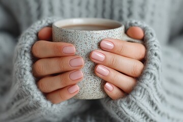 Holding a coffee mug in cozy hands during a cool morning