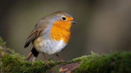 Close up portrait of a small european robin bird perched on a mossy branch in soft natural light