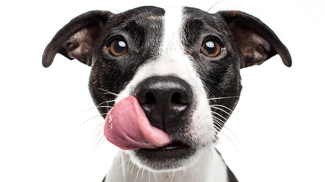 A dog making a funny derpy face isolated on the white background 