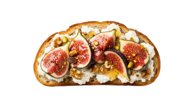 Trendy toast with ricotta, figs, honey, and crushed nuts isolated on transparent background