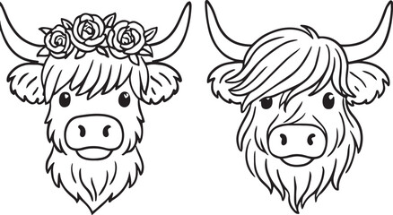 Cute cartoon highland cow heads with floral wreath and shaggy hair line art