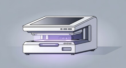 A modern, white scientific or technological device with a top screen and glowing purple light.