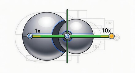 An illustration depicting two spheres with a horizontal slider and vertical line, indicating a 1x to 10x scaling or adjustment.