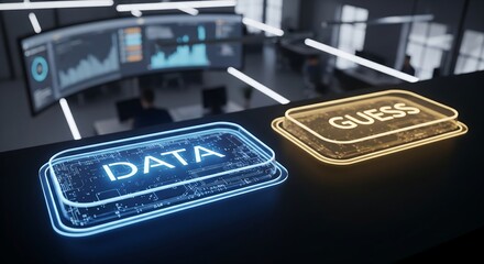 Neon data and guess buttons in modern office with screens