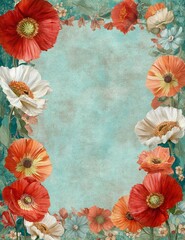 Elegant floral border frame with vintage poppies, teal and beige distressed background