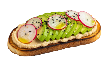 Toast with chickpea spread, avocado slices, and thin radish slices isolated on transparent background